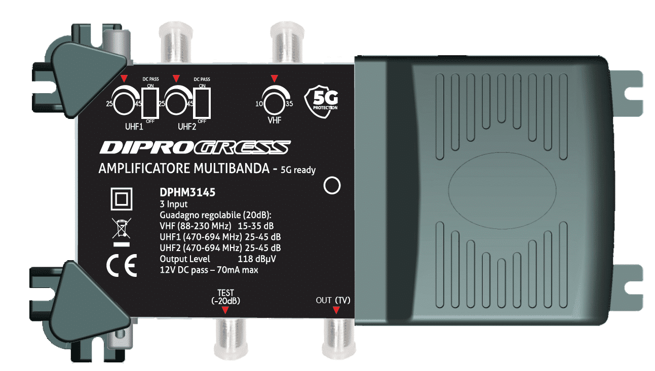 Centralini Amplificatori TV Multibanda 5G per impianti centralizzati 2 ingressi UHF+1 ingresso VHF guadagno 45dB Centralini Amplificatori TV Multibanda 5G per impianti centralizzati 2 ingressi UHF+1 ingresso VHF guadagno 45dB